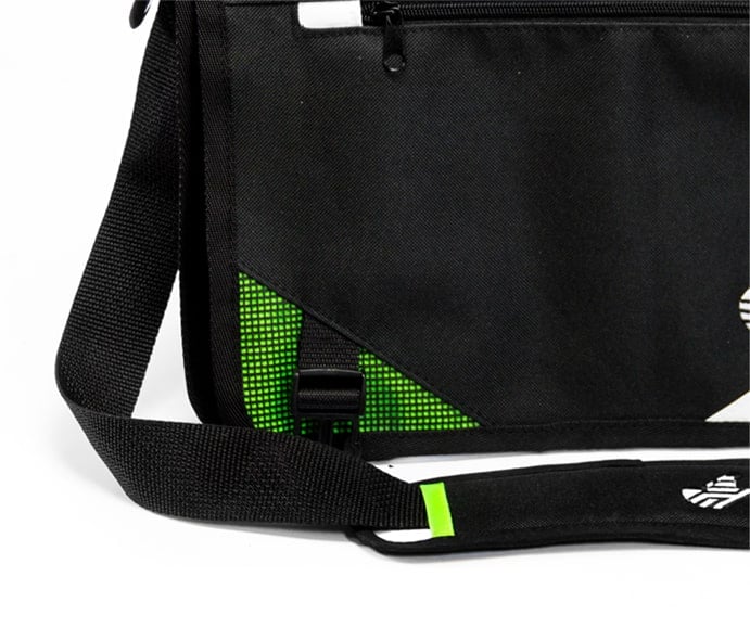 custom sewn shoulder bag with green branding